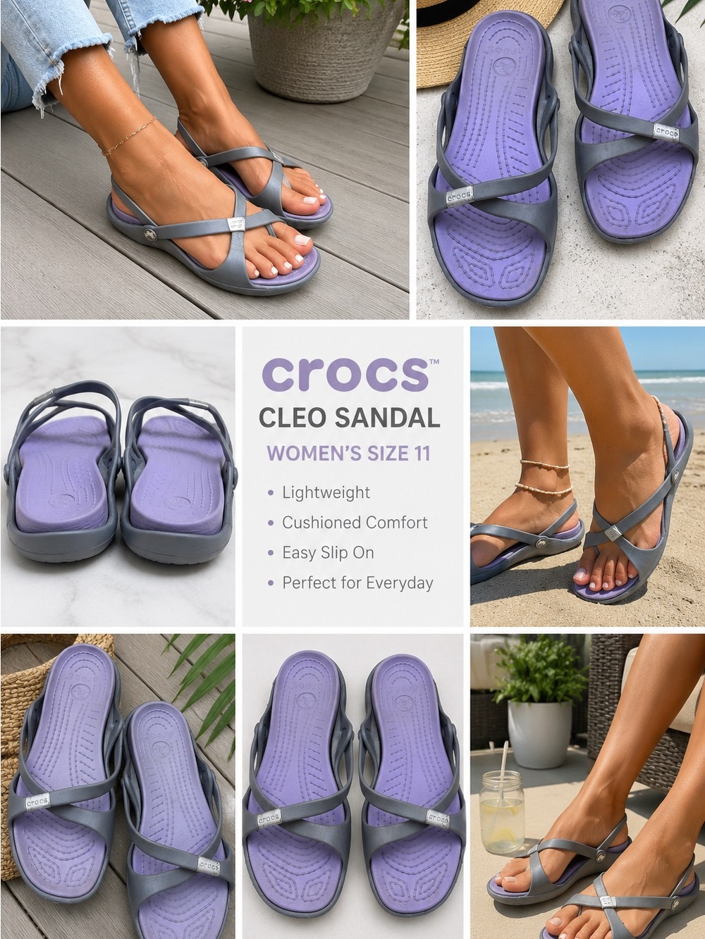 Crocs Sandals Women’s 11 Gray Purple Strappy Comfort Cleo Y2K Walking Slides